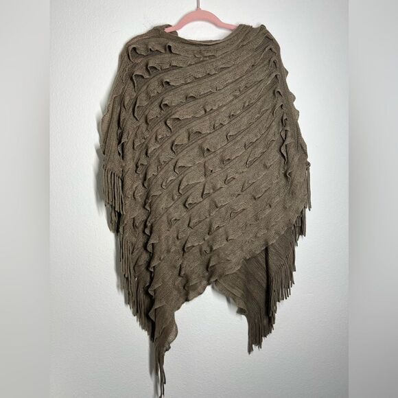 Womens Knitted Poncho Ruffle Brown Bohemian Style One Size - Picture 5 of 10